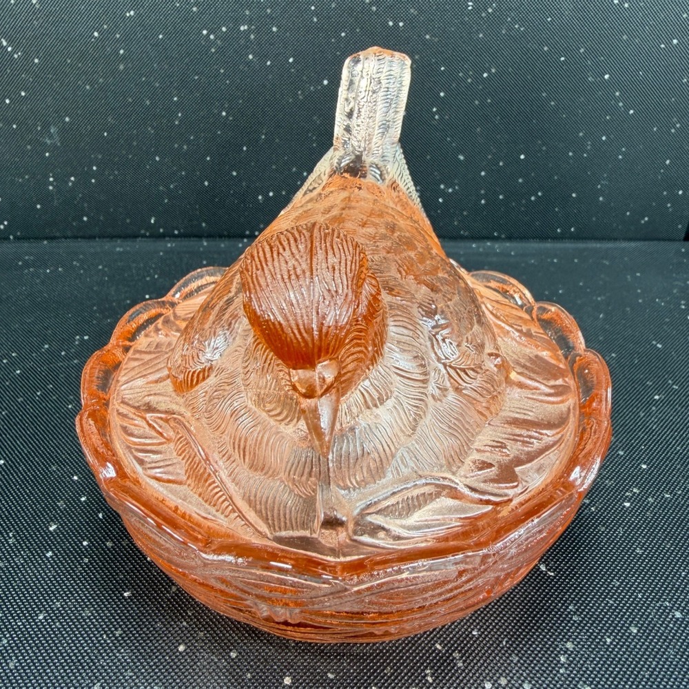 Heisey Hsinchu Glass Pink Bird on Nest Trinket Dish Basketweave 4x6 Vintage - Picture 11 of 15
